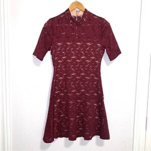 BCBG Max Azria Burgundy Lace Short Sleeve Mini Dress